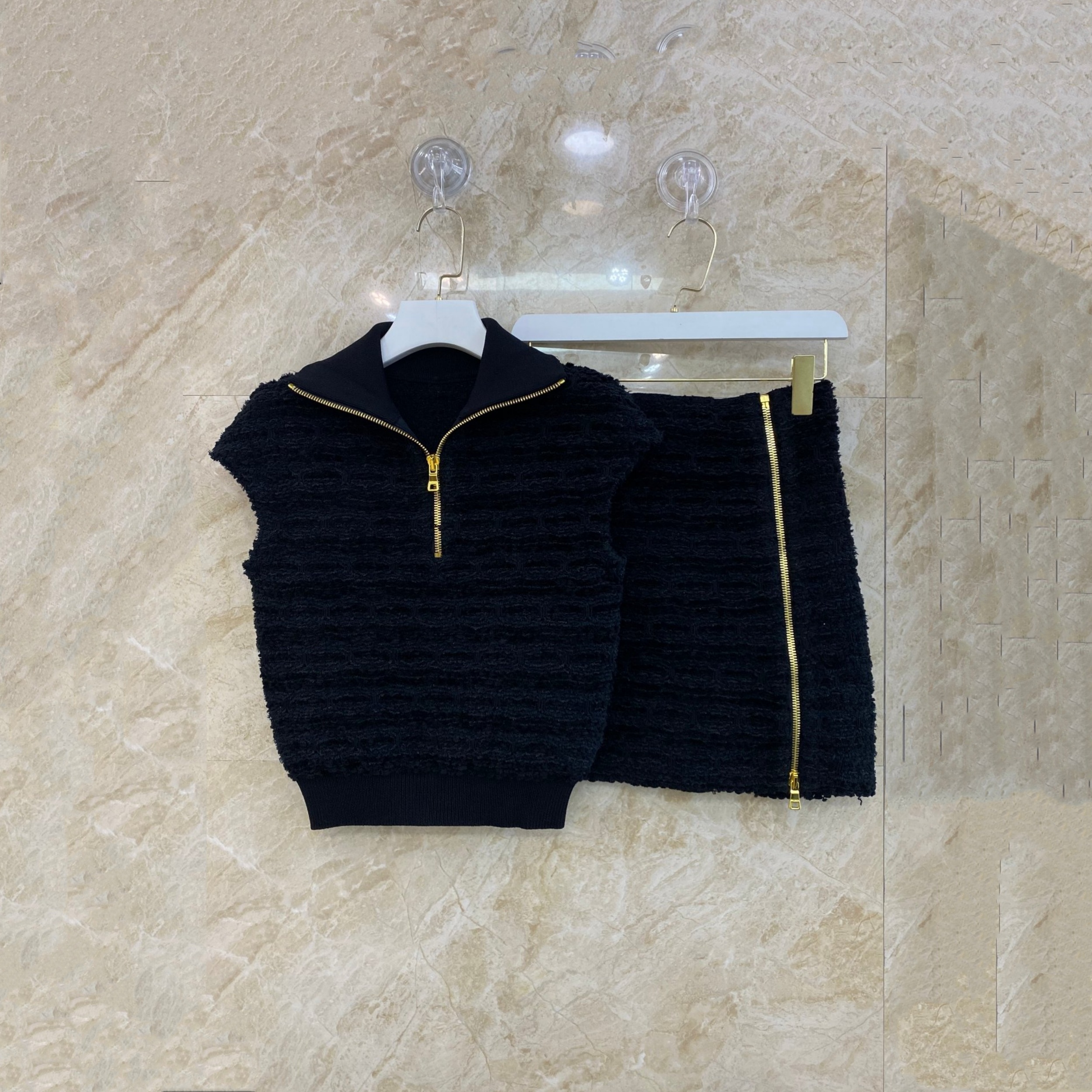 balmain tweed zip-up vest and skirt set